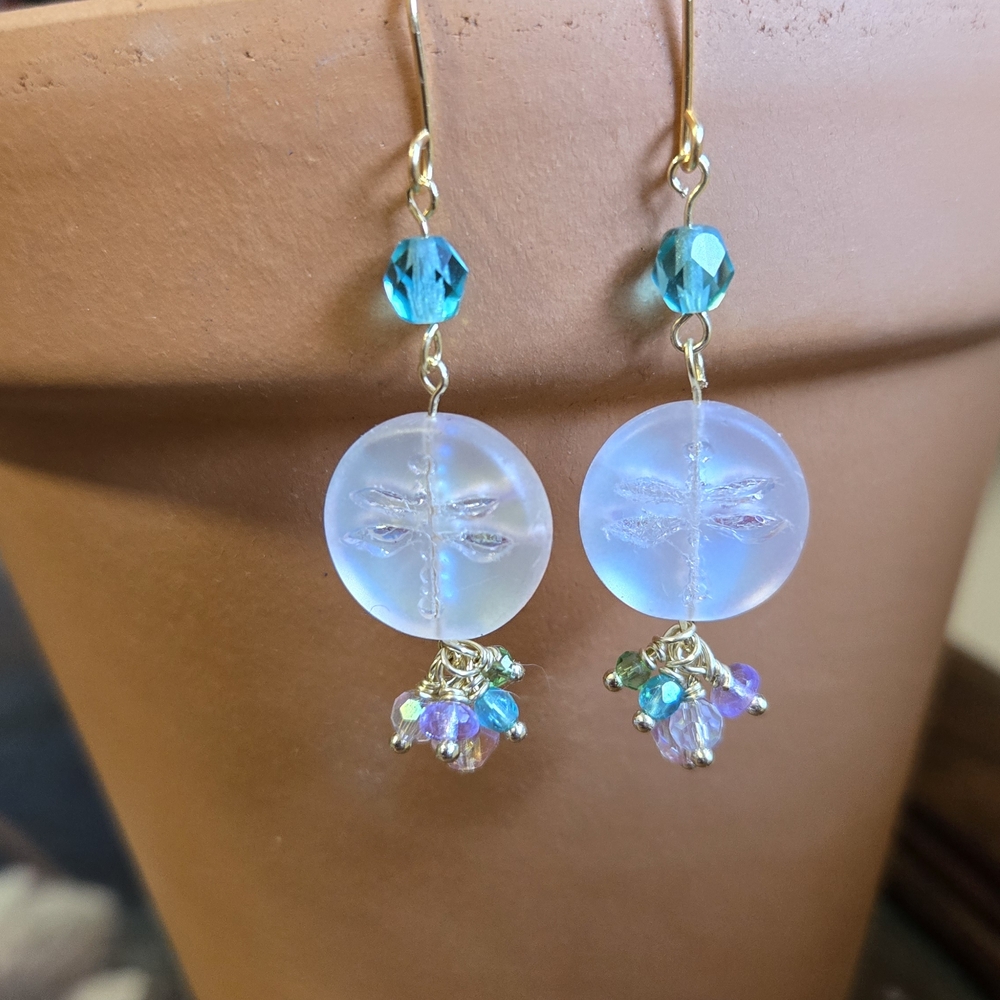 Gold and Blue Dragonfly Drop Earrings